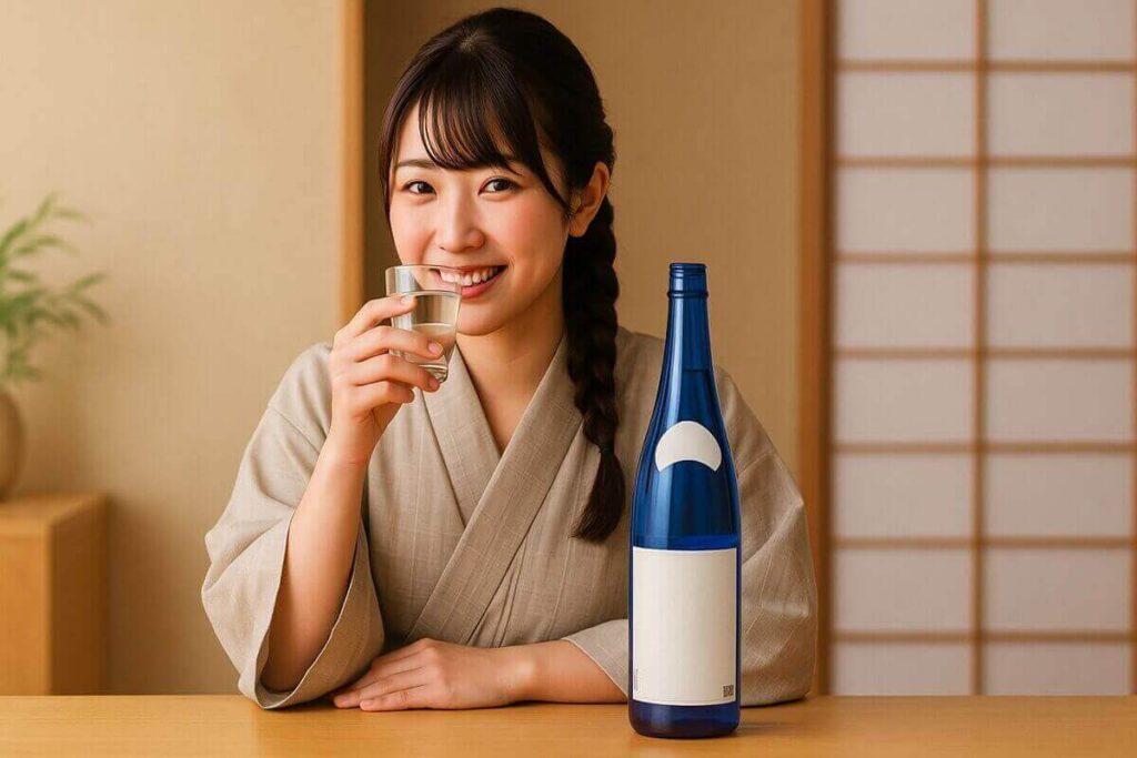 青い瓶に入った日本酒を楽しむ女性
