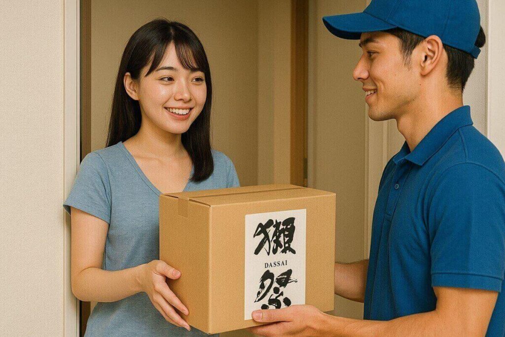 インターネット通販で注文した獺祭を受け取る女性