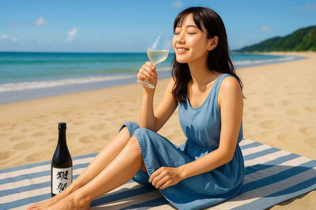 獺祭を海辺で楽しむ女性