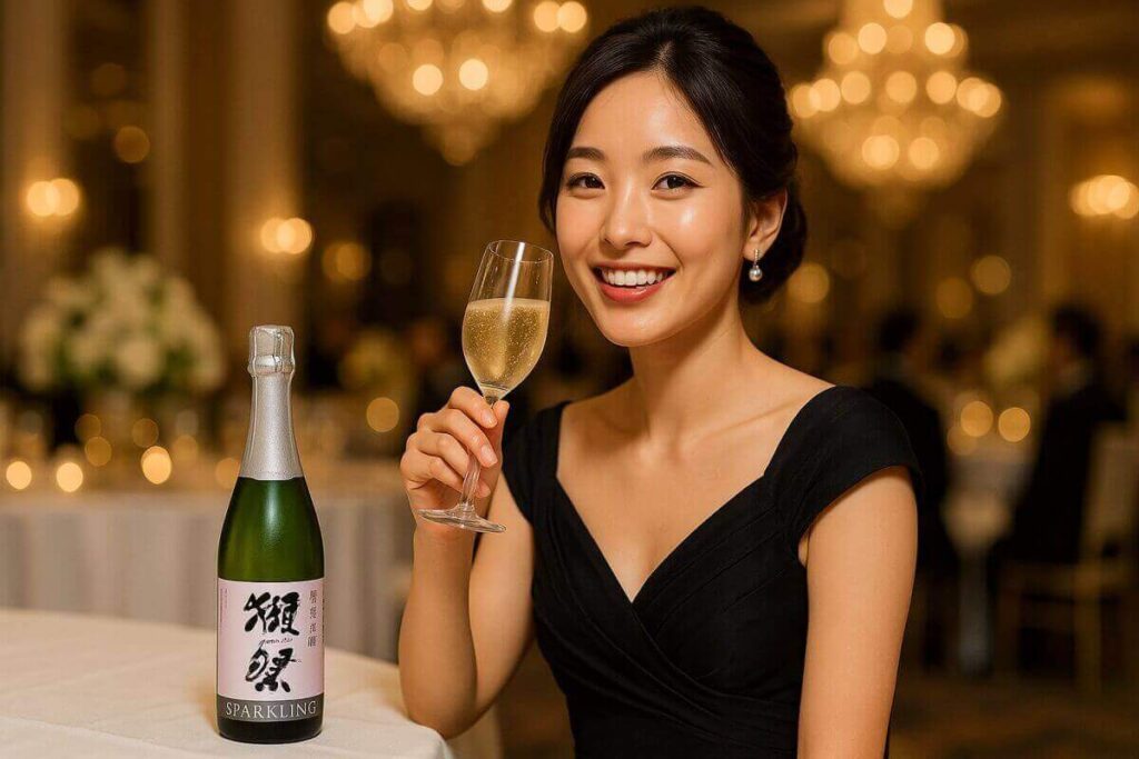 パーティで獺祭スパークリングを飲む女性