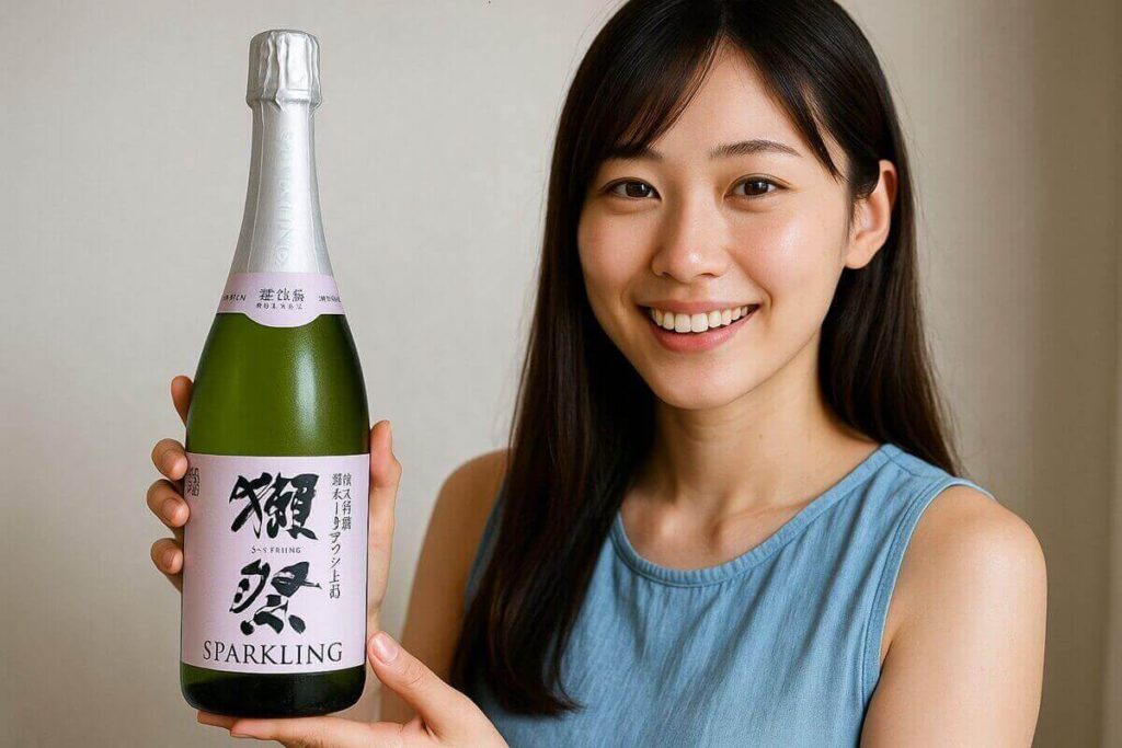 獺祭スパークリングを手に持つ女性