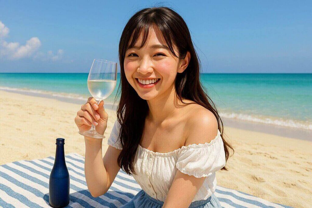 海で日本酒を楽しむ女性