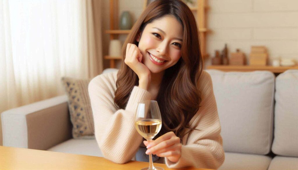 自宅で日本酒を楽しむ女性