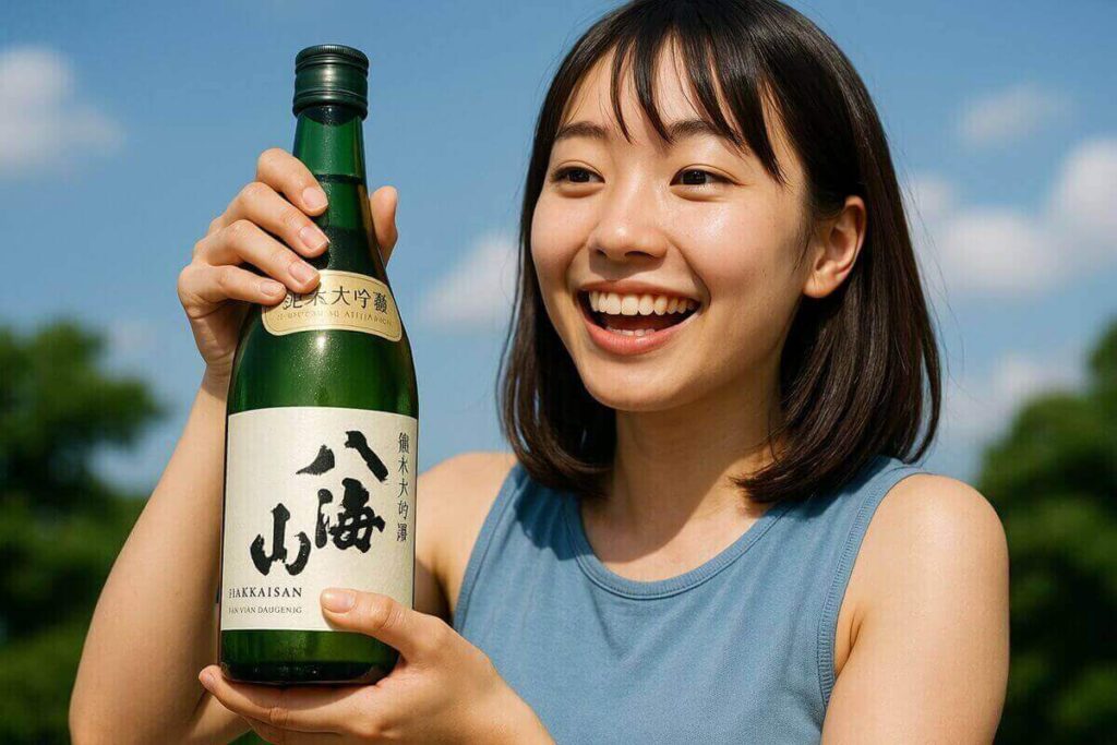 八海山純米大吟醸を手に持って喜ぶ女性