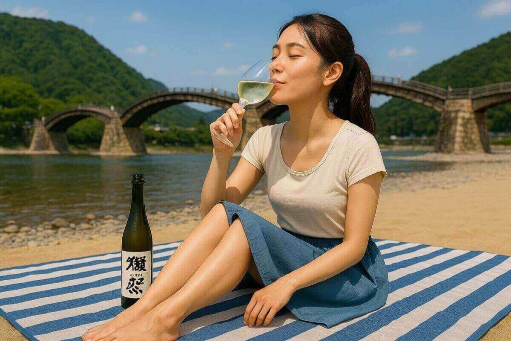 錦帯橋の近くで獺祭を飲む女性