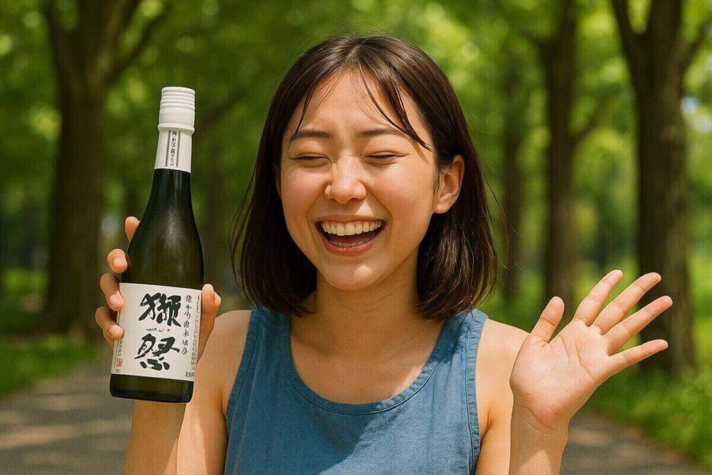 獺祭三割九分を持って喜ぶ女性