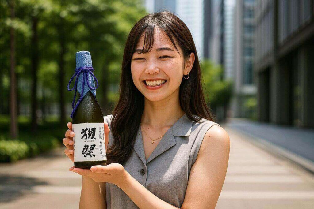 獺祭二割三分を持って喜ぶ女性