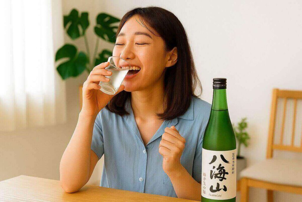 冷えた八海山純米大吟醸を飲む女性