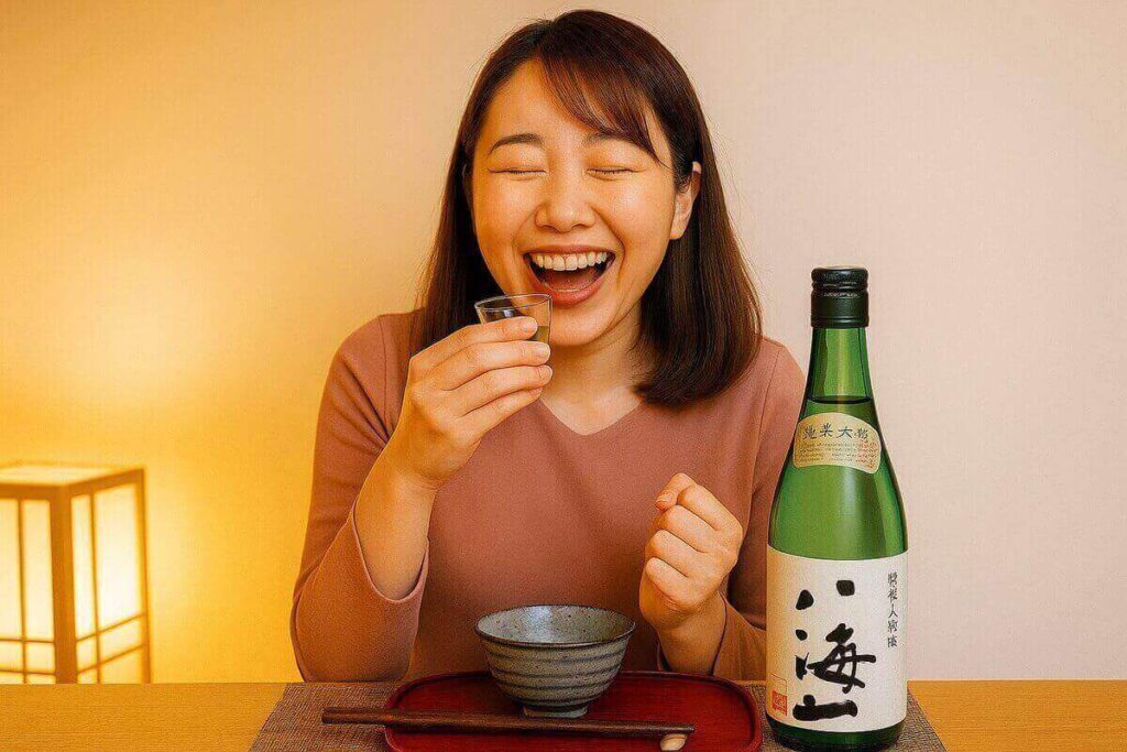八海山純米大吟醸で食事をする女性