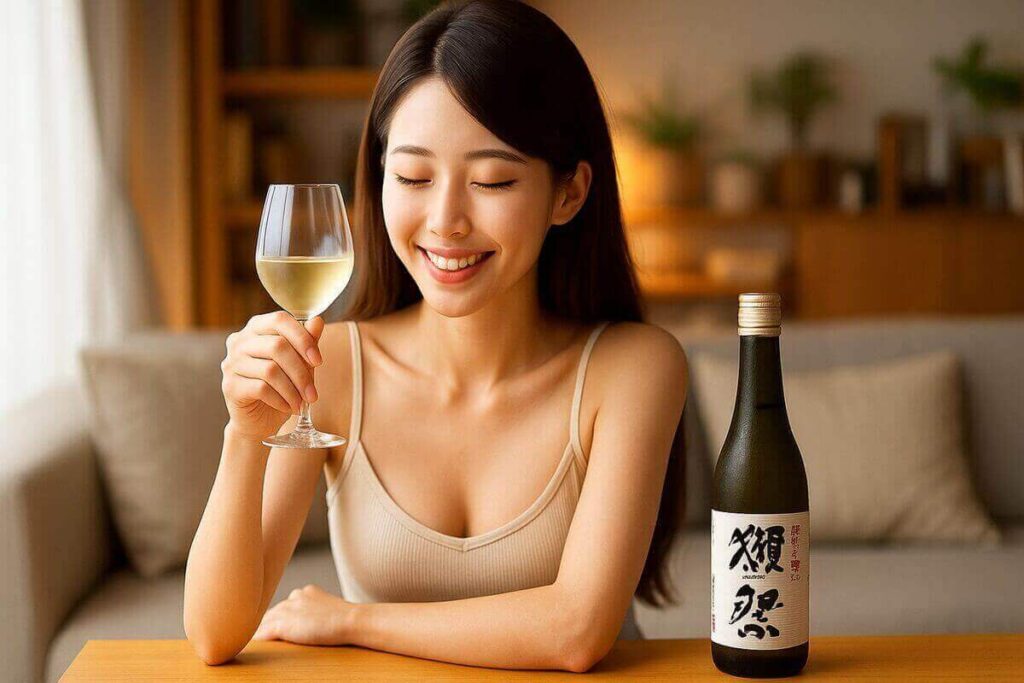 獺祭45を冷やで楽しむ女性