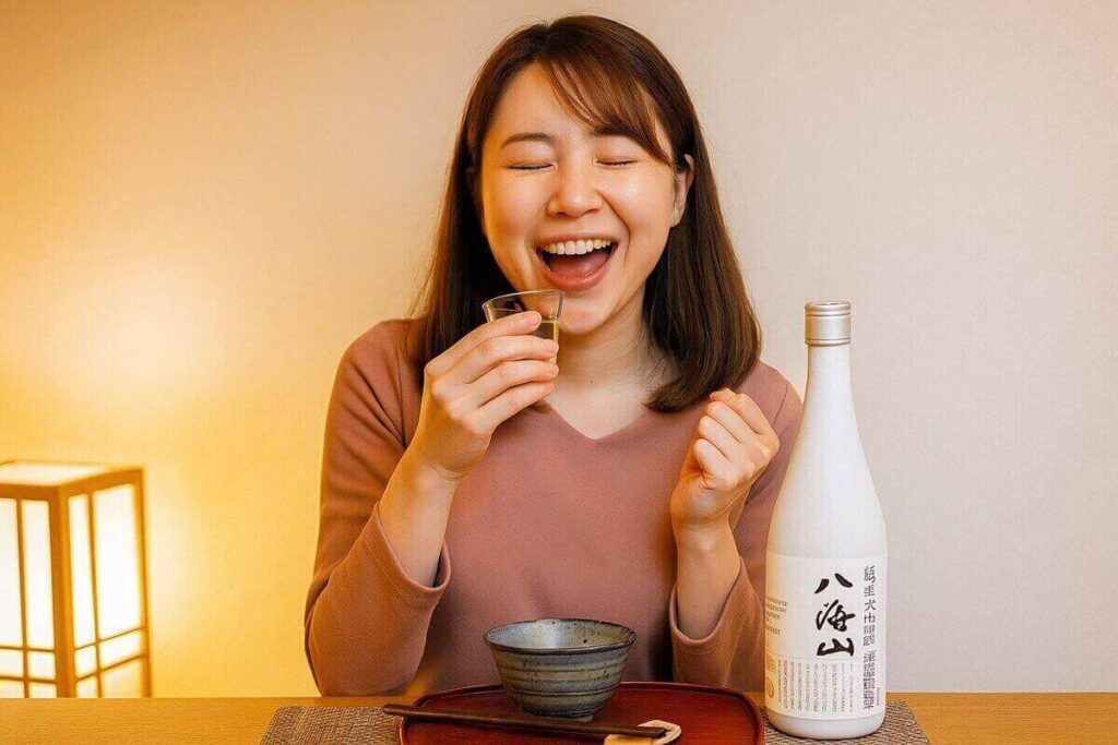 八海山雪室貯蔵三年を飲んで喜ぶ女性