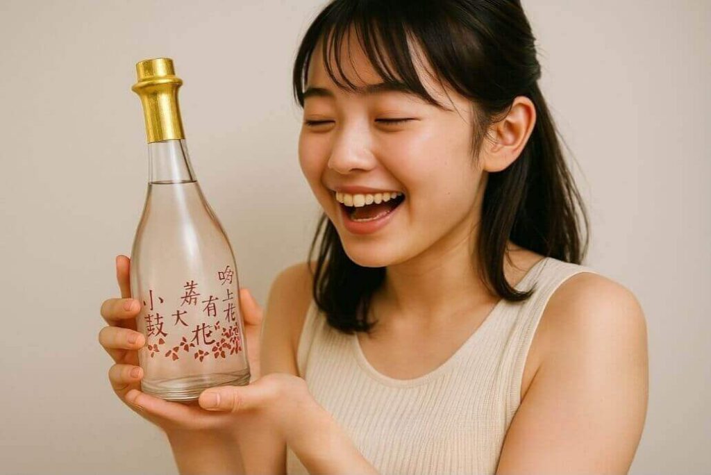 小鼓純米大吟醸 桃花をもらって喜ぶ女性