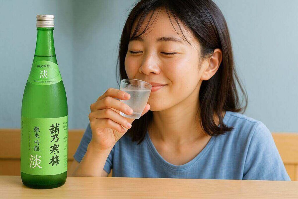 冷えた越乃寒梅浹あまねを飲む女性