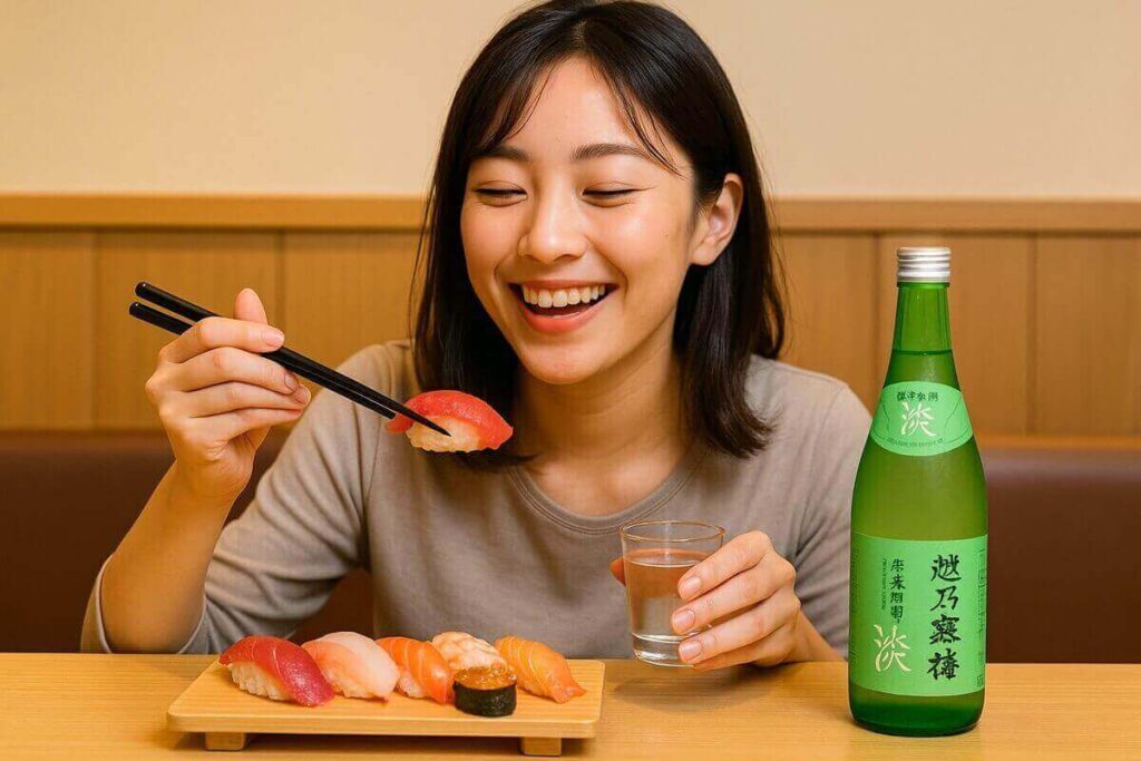 お寿司のお供に越乃寒梅浹あまねを飲む女性