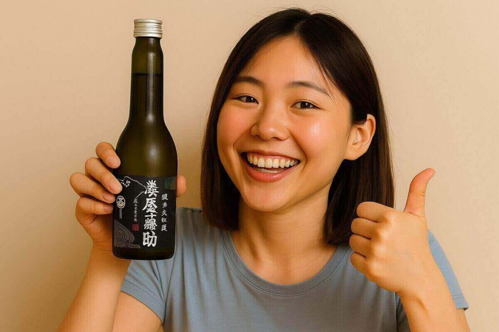 湊谷藤助を持って喜ぶ女性