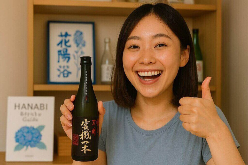 宣機の一本を手に取って喜ぶ女性