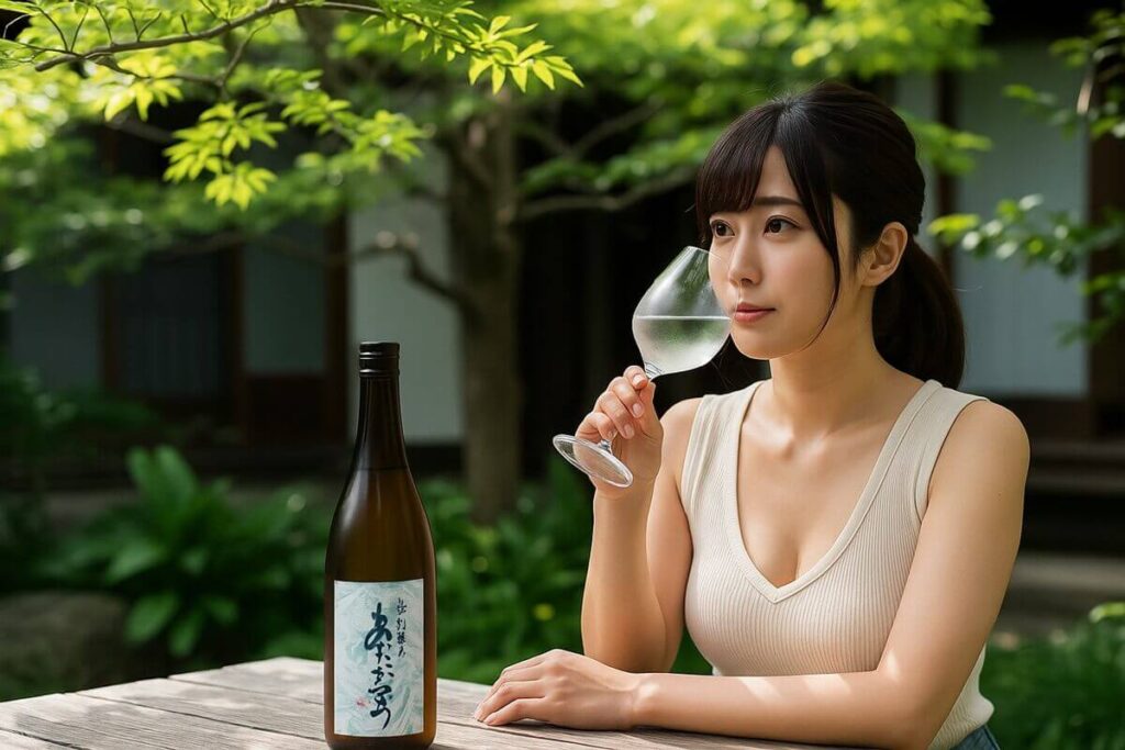 あたごのまつを飲む女性