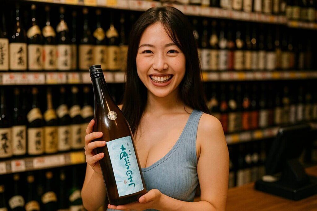 酒屋であたごのまつを持つ女性