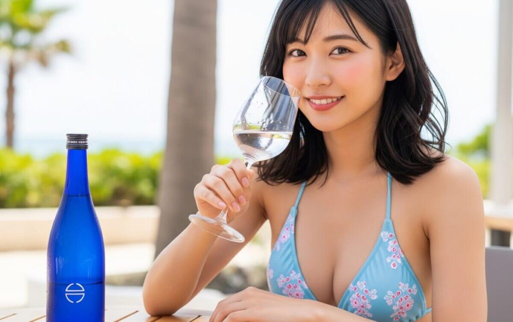 青いボトルの日本酒を飲む女性