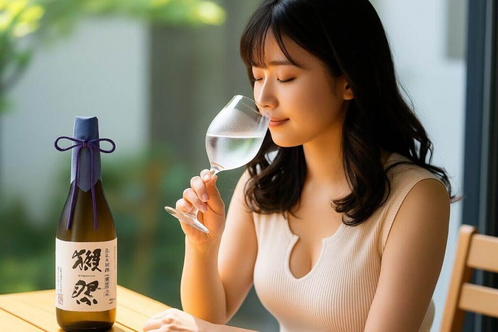 冷えた獺祭磨き二割三分を飲む女性