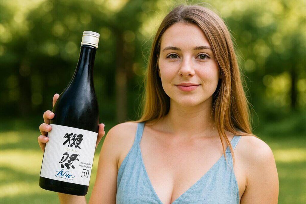 獺祭ブルー50をもったアメリカ人の女性
