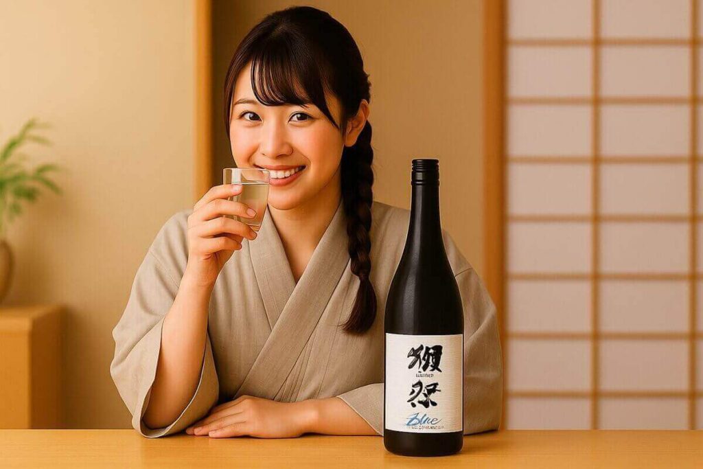 獺祭ブルーを飲む女性