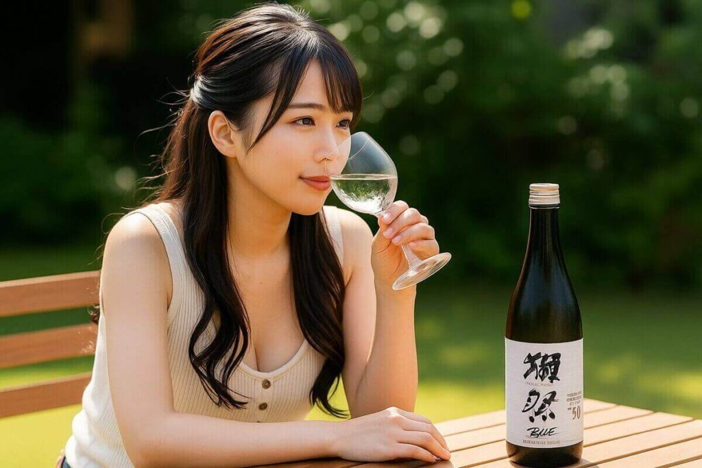 獺祭ブルーを飲む女性