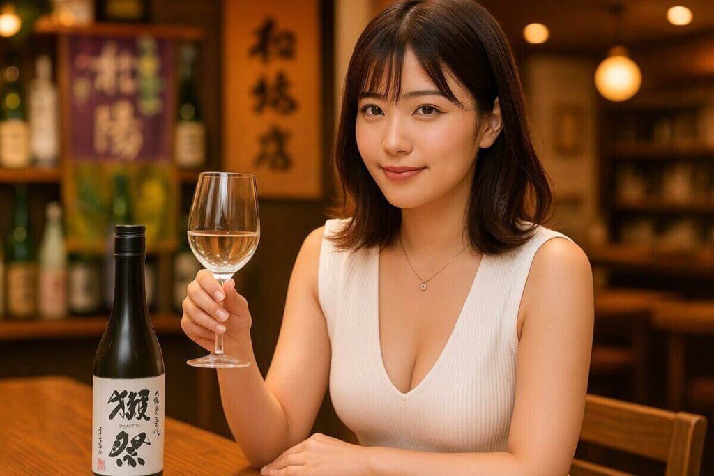 獺祭磨きその先へを飲む女性