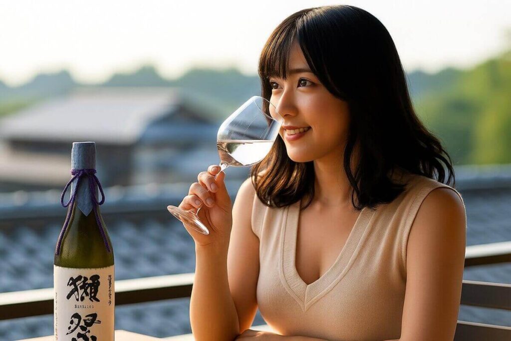 獺祭磨き二割三分を楽しんで飲む女性