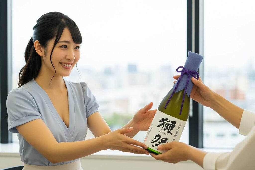 獺祭を受け取る女性