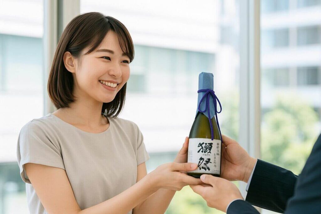 獺祭のプレゼントを受け取る女性
