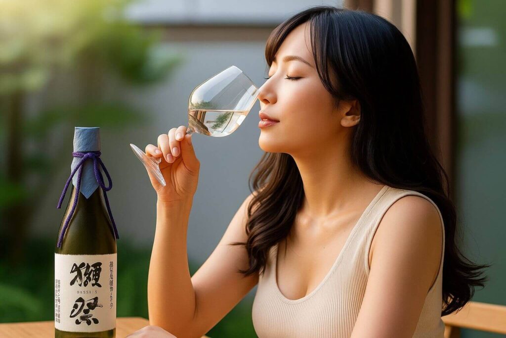 獺祭磨き二割三分を堪能する女性