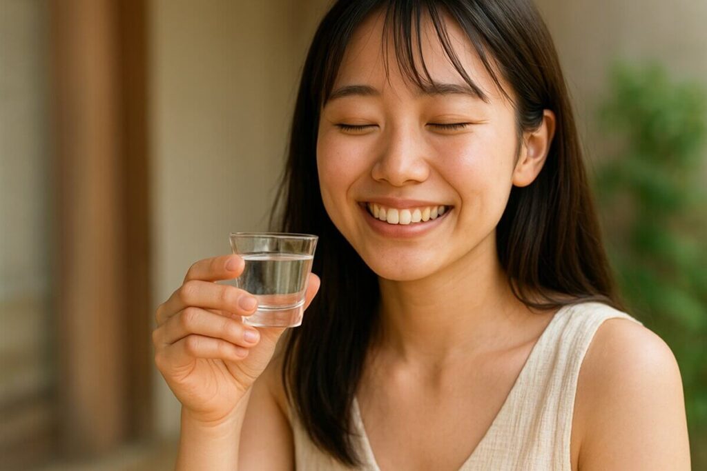 日本酒を飲んでいる女性
