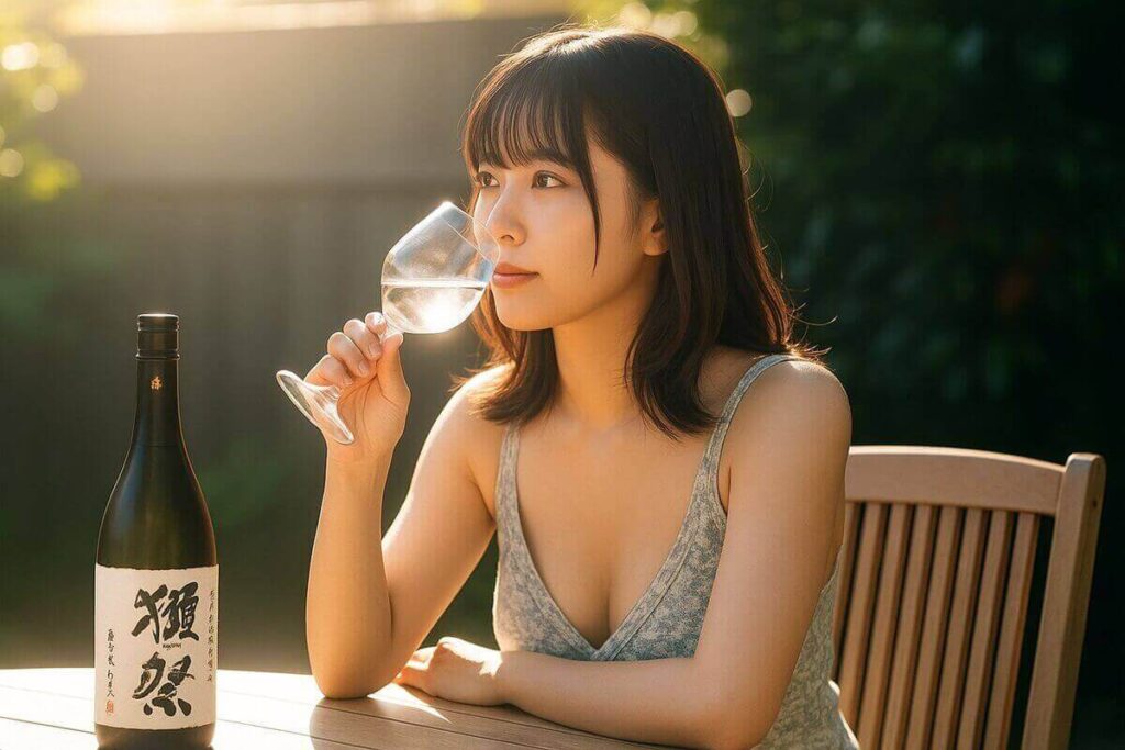 庭で獺祭磨きその先へを飲む女性