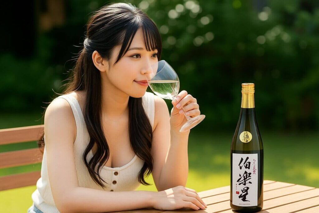 伯楽星を飲む女性