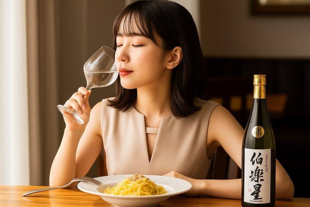 パスタを食べながら伯楽星を飲む女性