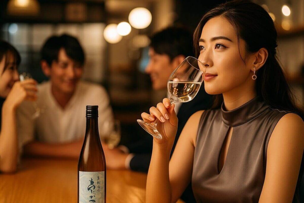 あたごのまつを飲む女性