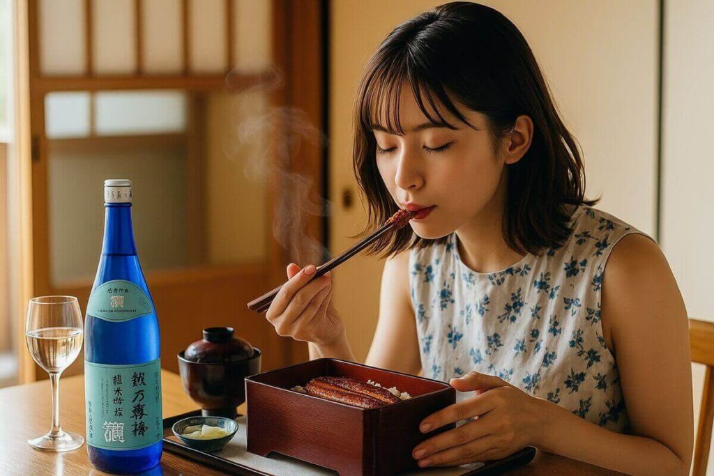 越乃寒梅「灑」でうなぎを食べる女性