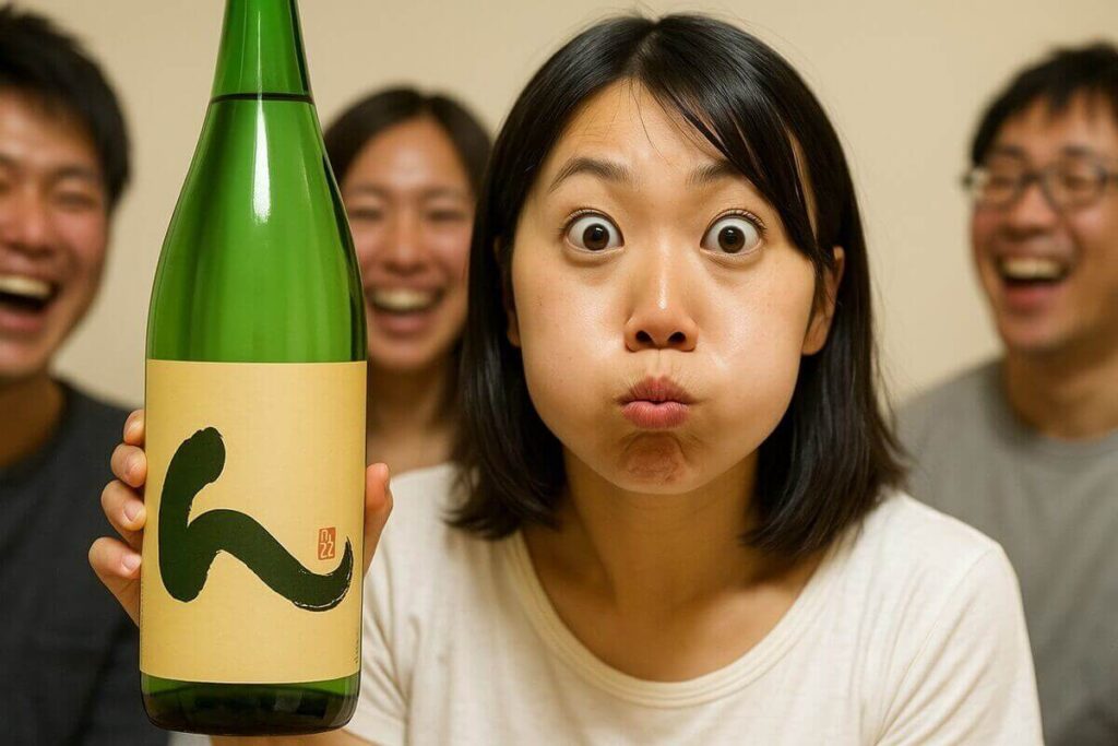 日本酒の「ん」をもった女性