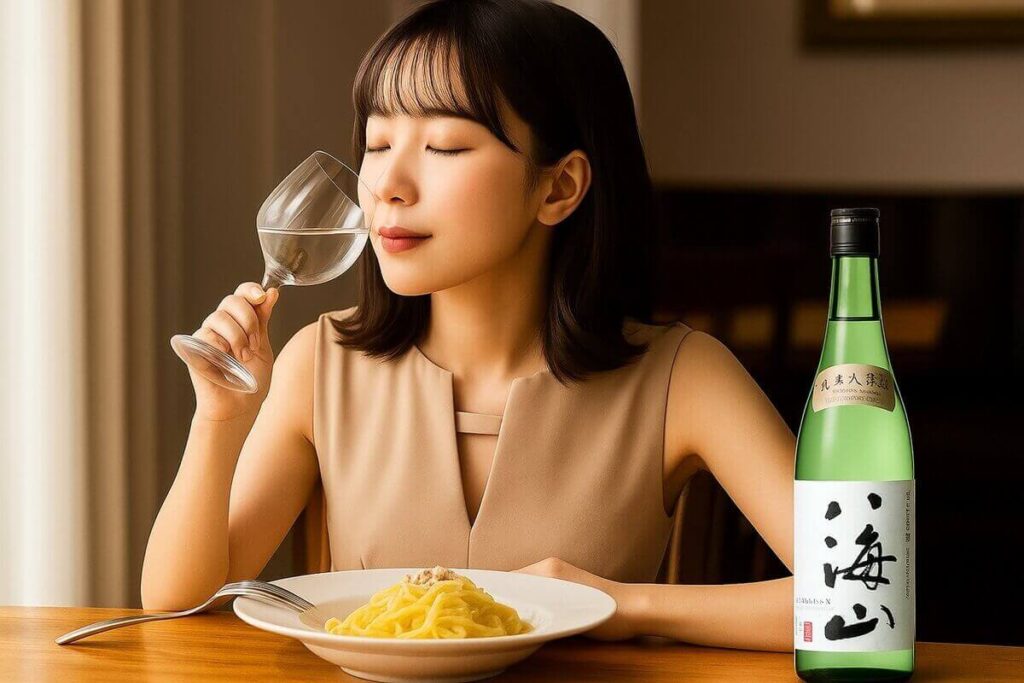 八海山で食事をする女性