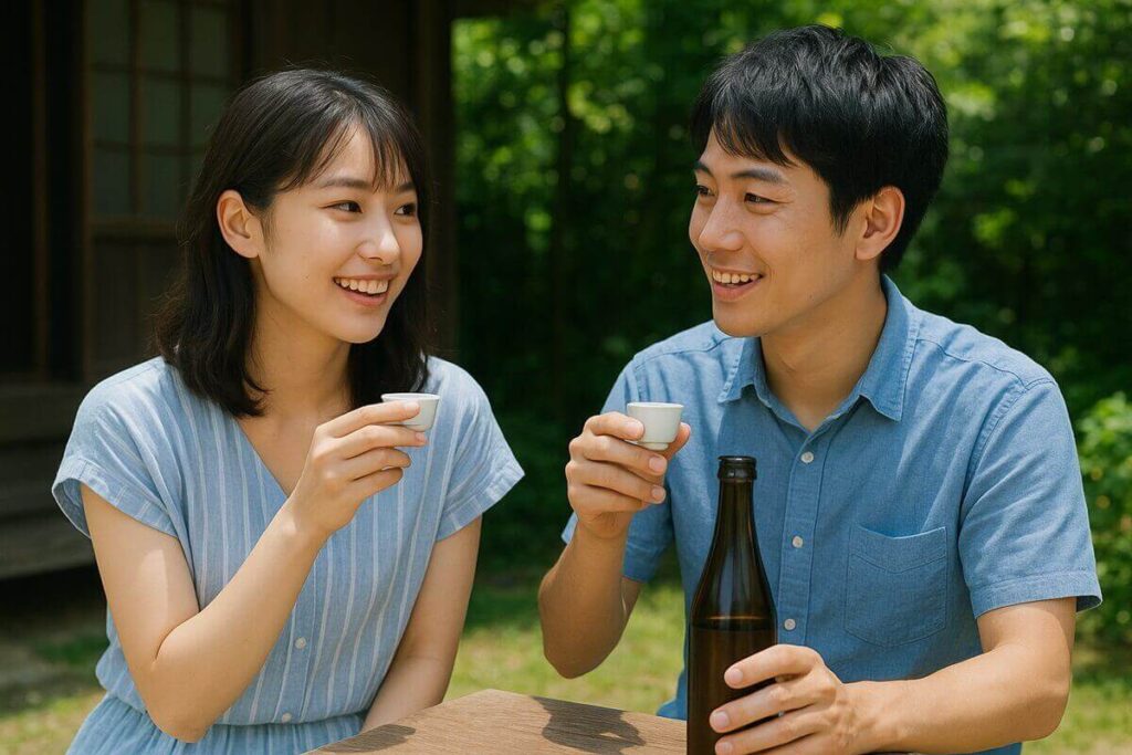 お酒を酌み交わしながら会話をする男女