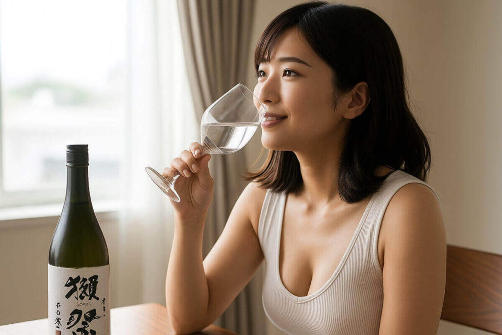 獺祭磨きその先へを飲む女性