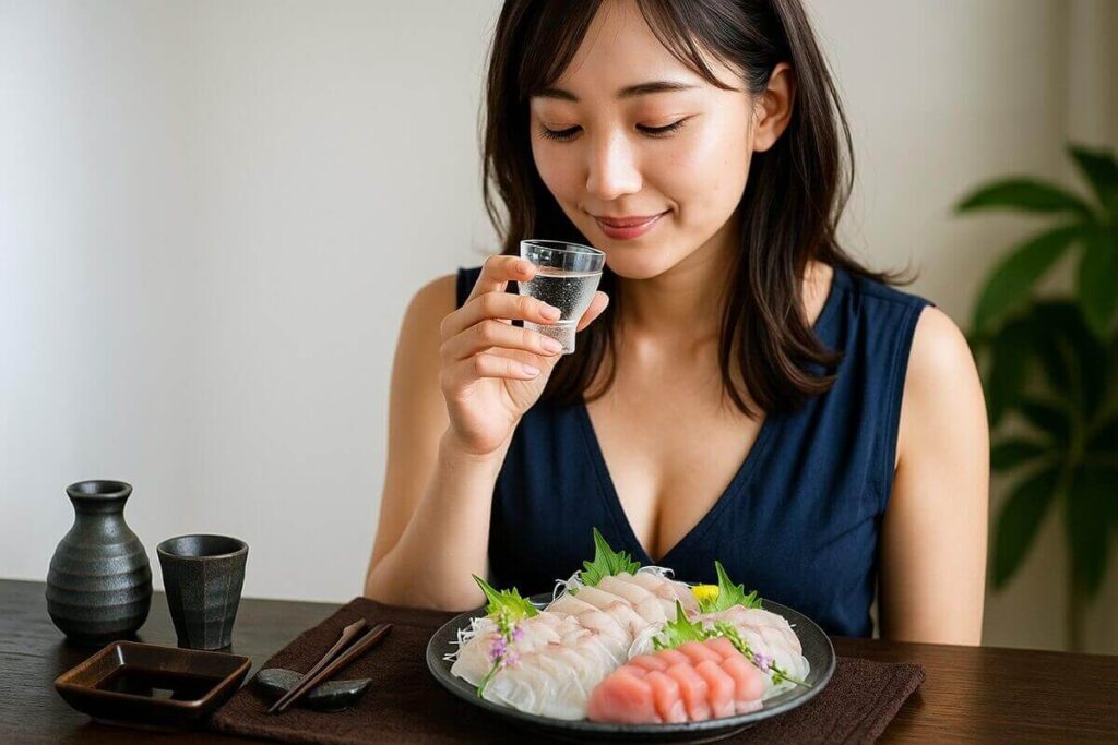 お酒とお刺身を楽しむ女性