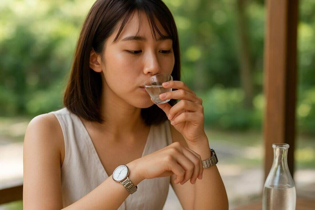 時間を気にしながらお酒をちびちび飲む女性