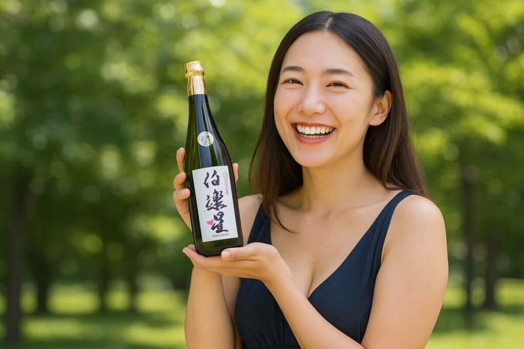 伯楽星を手に持った女性