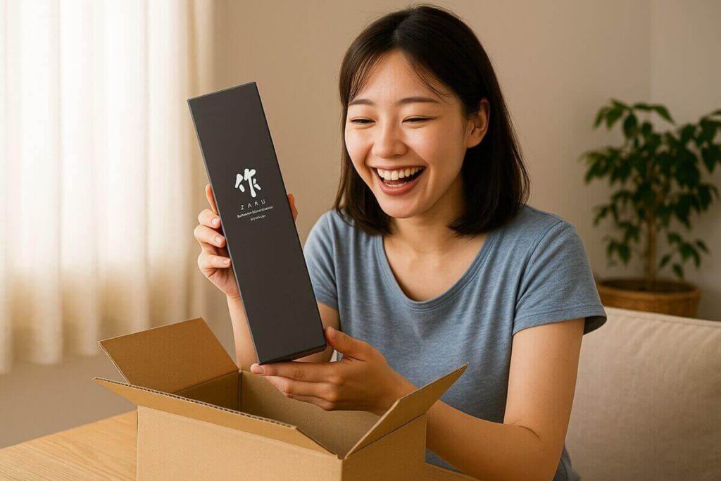 作を受け取り喜ぶ女性