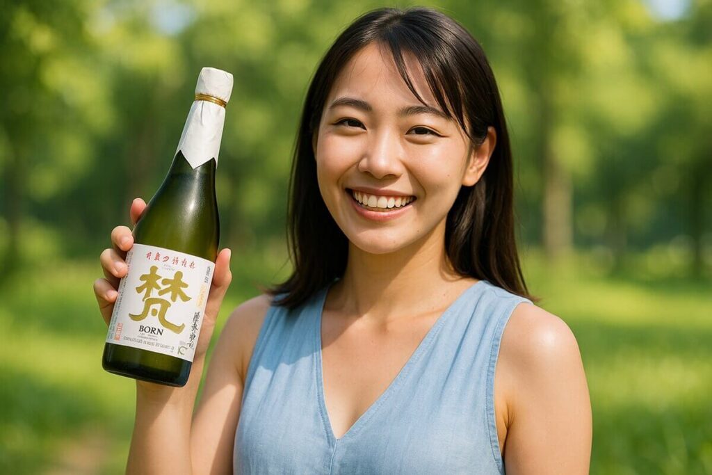 梵 純米大吟醸を持った女性