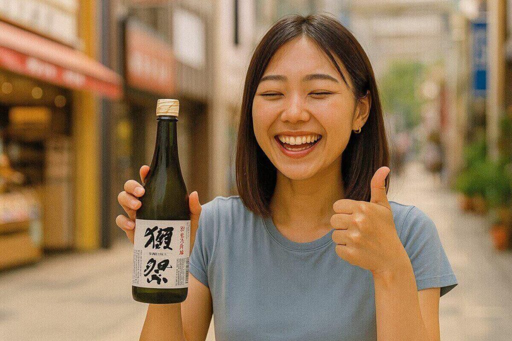 商店街で獺祭45を手に入れて喜ぶ女性