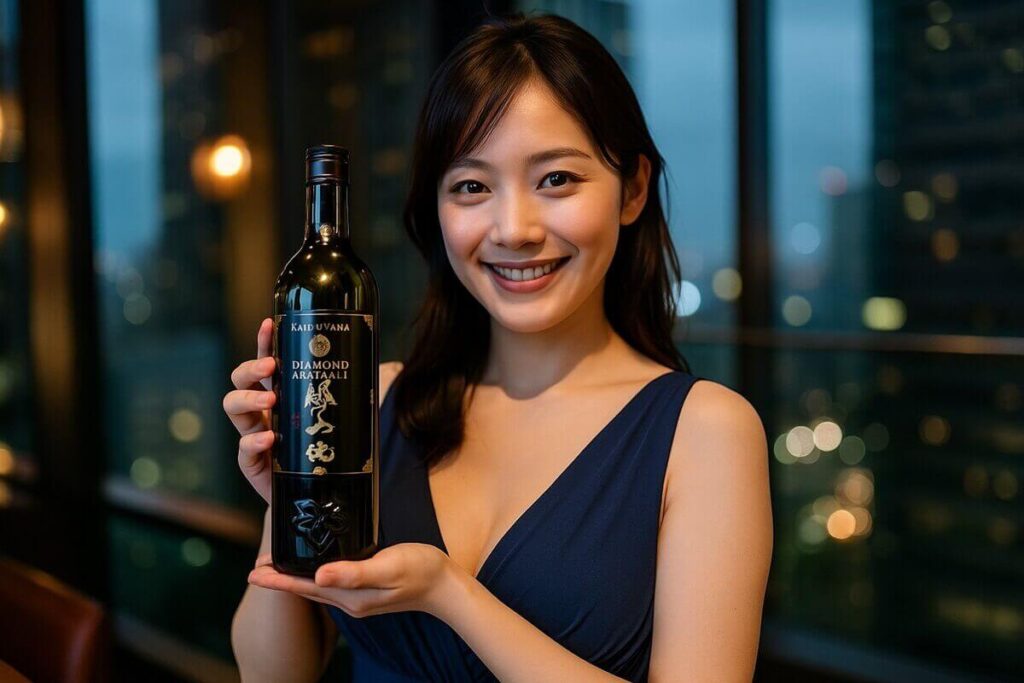 勝山 純米大吟醸 DIAMOND AKATSUKIを持った女性