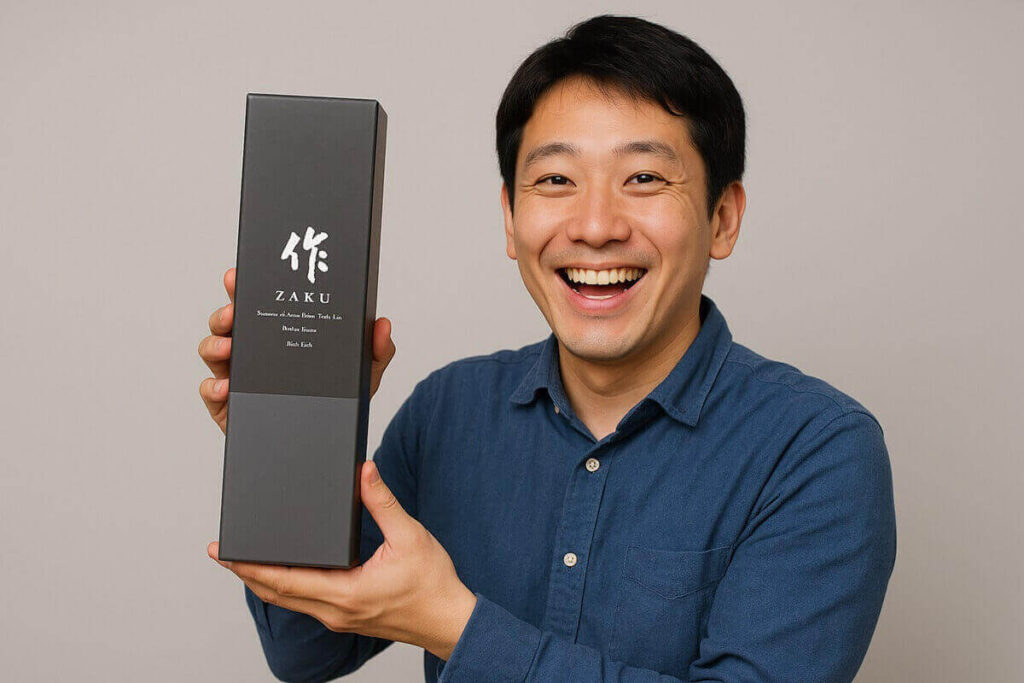作のプレゼントをもらって喜ぶ男性